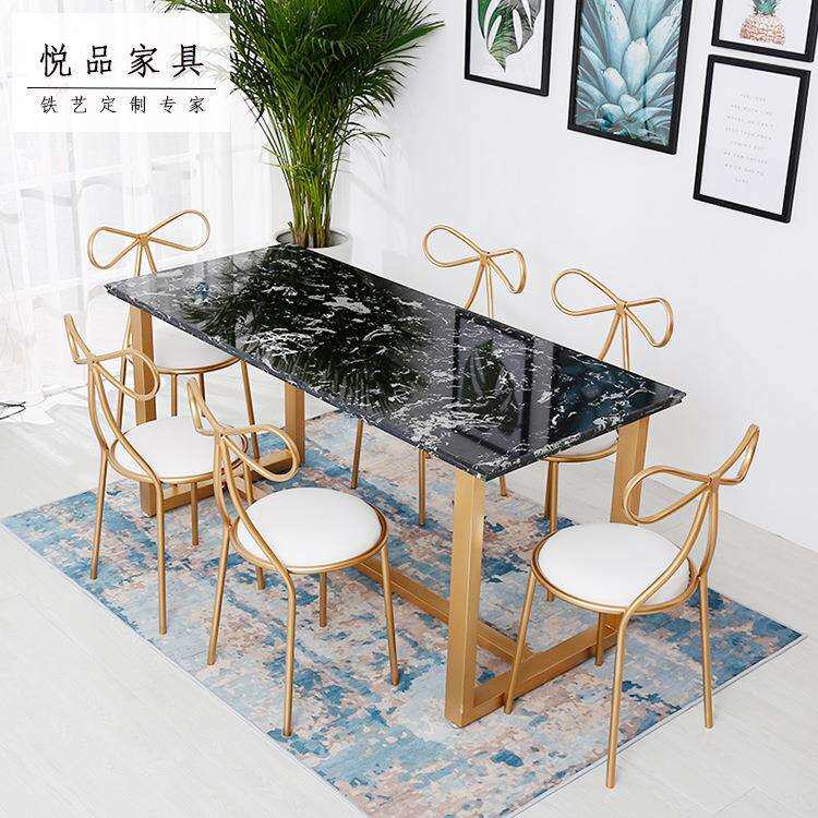 北欧黑色大理石餐桌 餐厅简约长方形餐桌椅组合金属大理石咖啡桌