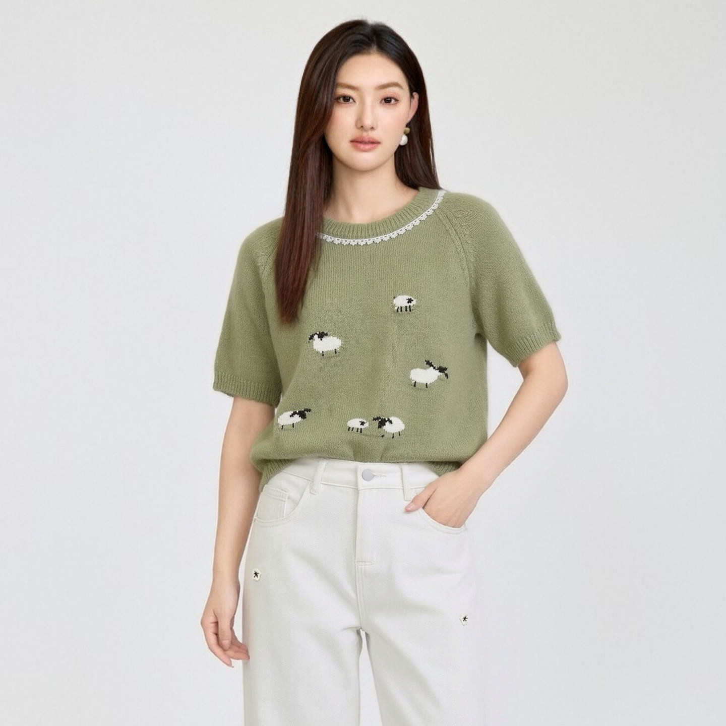 小羊提花圆领短袖针织衫女