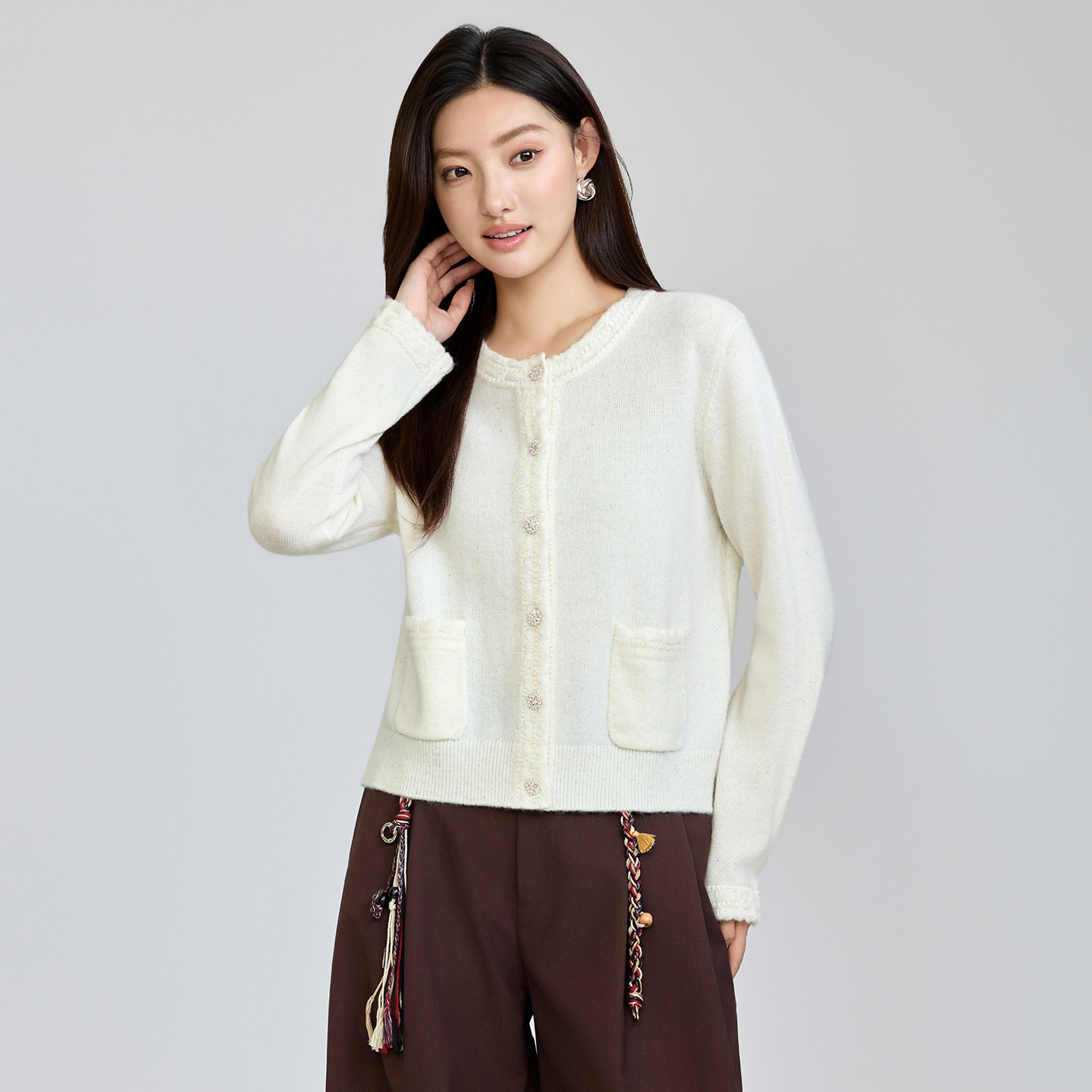 小香风软糯细闪毛针织开衫上衣女