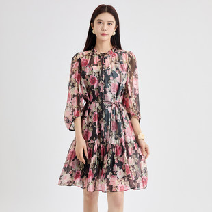 芭依璐长袖花朵印花雪纺碎花连衣裙女2026春季收腰不规则裙子系带