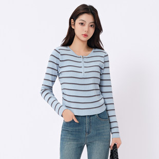 芭依璐毛衣简约百搭条纹羊毛2026春季新品套头披肩长袖针织衫女装
