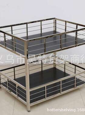 TZ-010新款服装店超市不锈钢两层展示台黑色烤漆木板促销台