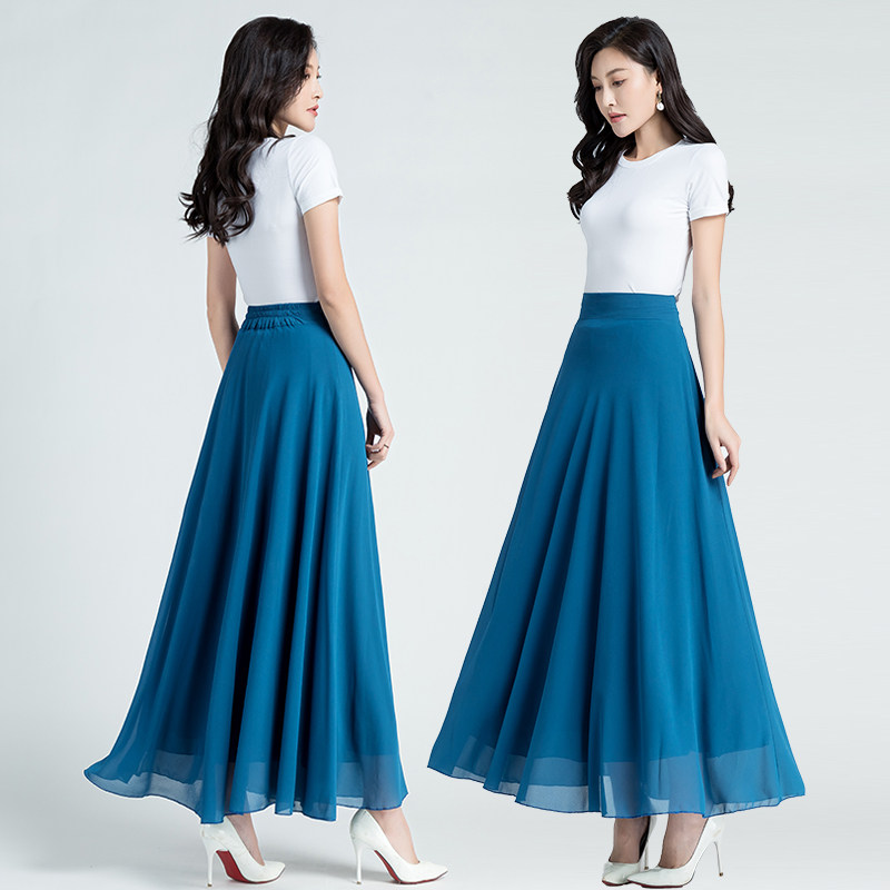 2026夏季百搭纯色蓝色雪纺半身裙女中长款大码跳舞裙a字大摆长裙