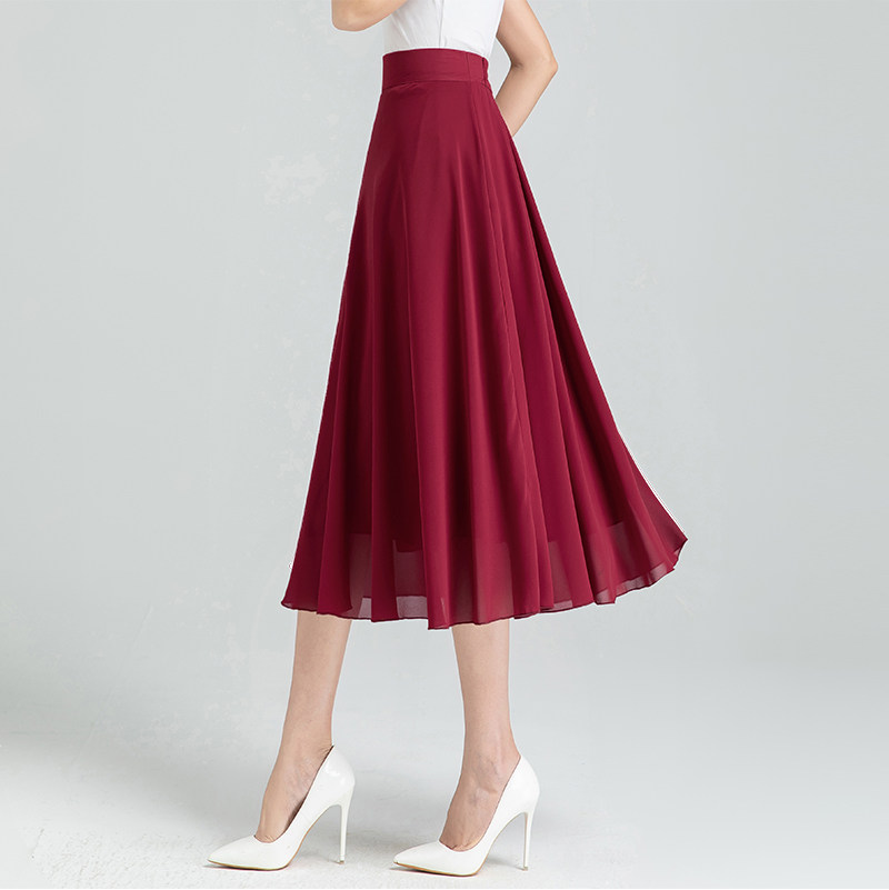 2026夏季新款红色雪纺半身裙女中长款百搭高腰A字大摆仙女裙舞裙