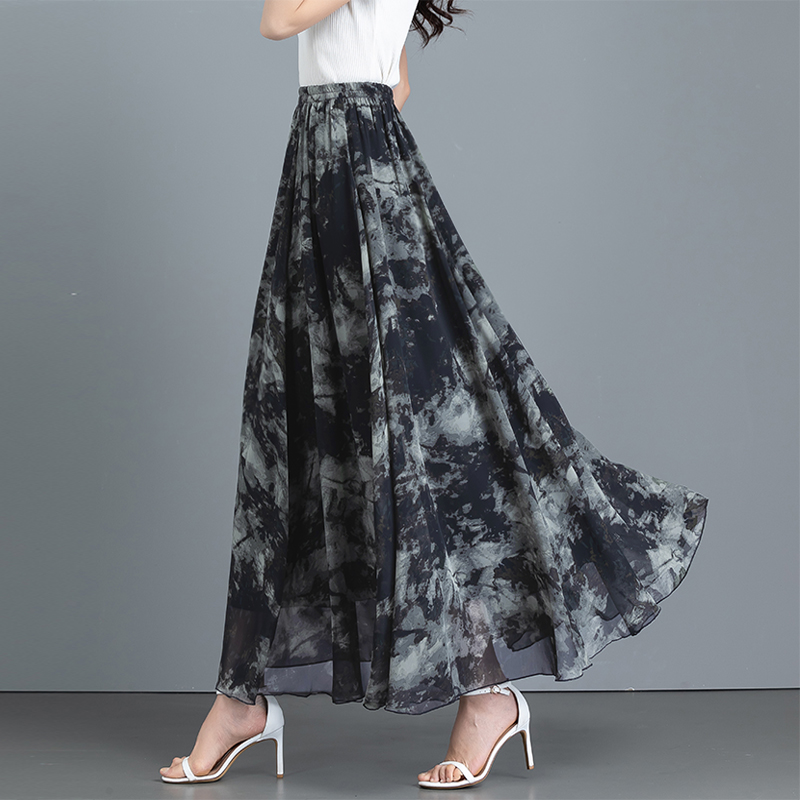 雪纺印花半身裙长裙A字复古大摆