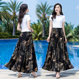 2026新款垂感印花雪纺半身裙女中长款裙A字大摆裙大码跳舞长裙夏