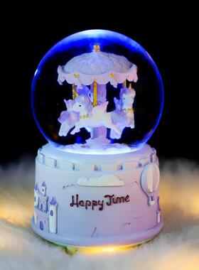 创意礼品梦幻ins旋转木马城堡飘雪八音盒新年圣诞平安夜柜台礼品