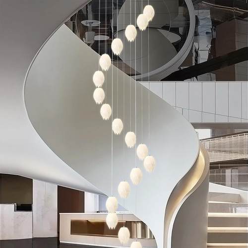 楼梯吊灯奶油风客厅复式公寓loft别墅挑空长吊灯大气led中山灯具