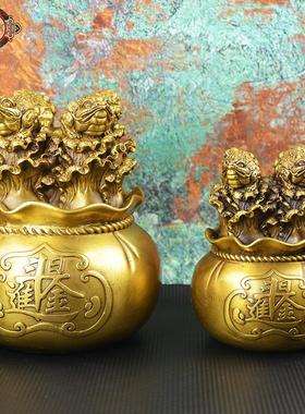 宏达 全黄铜日进斗米金蟾聚宝盆家居办公室玄关铜金蟾摆件