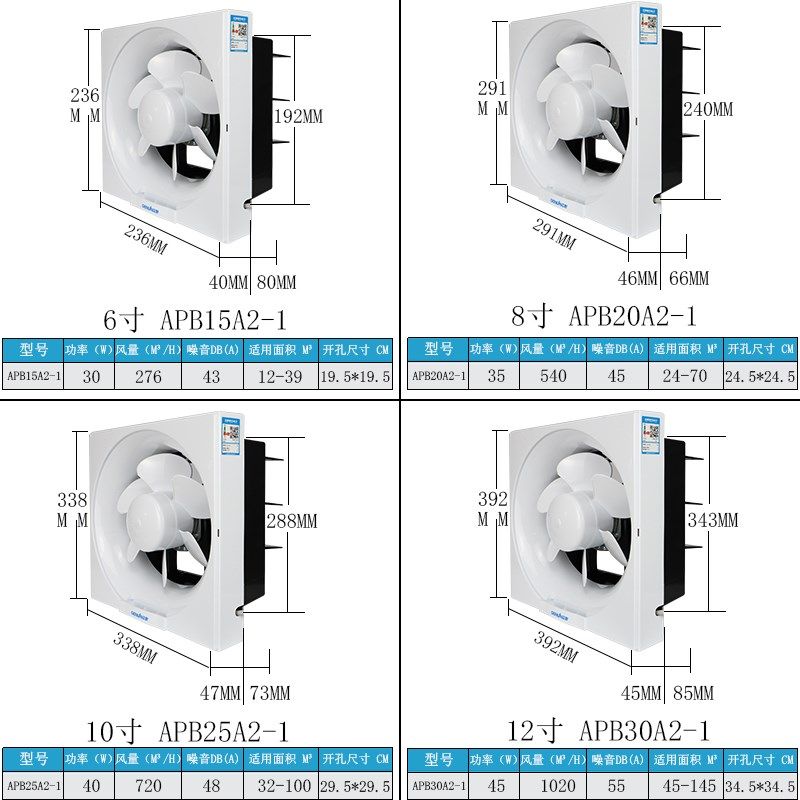 正野百叶换气扇6/8/10/12寸卫生间静音挂壁排风扇厨房墙式抽风机