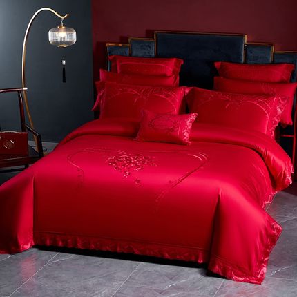 140s支全棉婚庆四六十件套刺绣蕾丝婚房床上用品大红色喜被子结婚