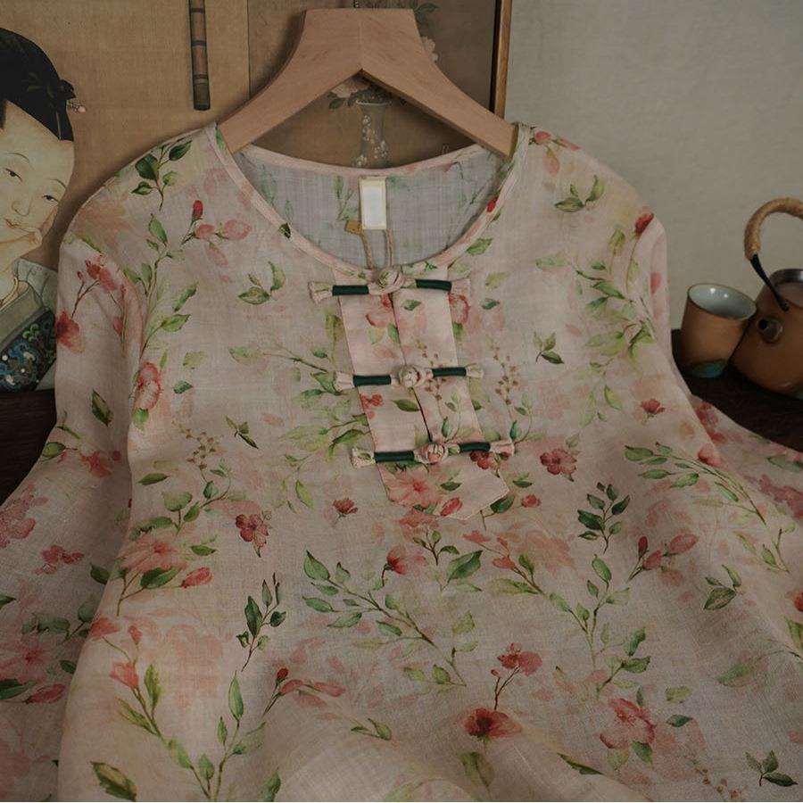 夏季新款 苎麻印花圆领手工绕线盘扣宽松百搭仙气茶服384008