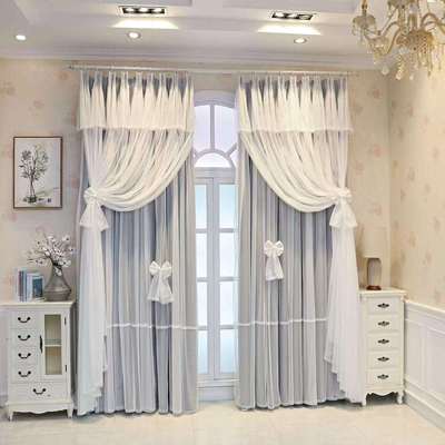 新款法式奶油风轻奢网红公主帘卧室儿童飘窗客厅窗帘三层布纱一体