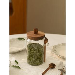 6B76好看 玻璃密封罐带小勺相思木盖调味罐防潮咖啡收纳罐佐料调