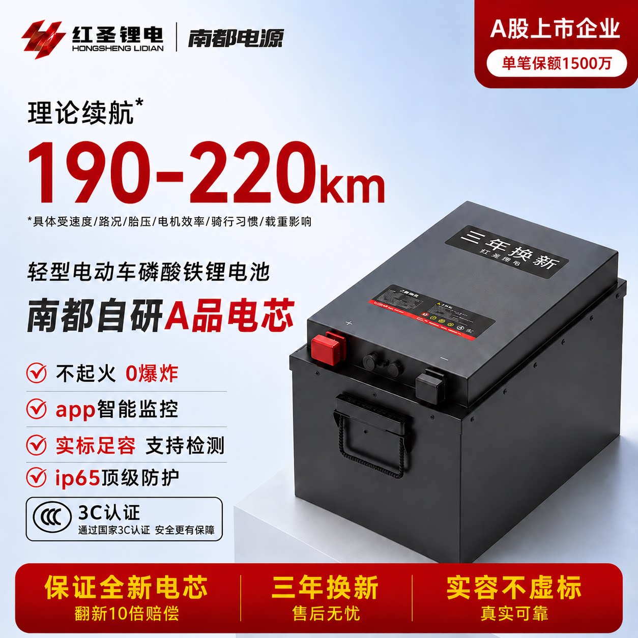 南都红圣磷酸铁锂电池72V80AH大容量三轮电动摩托车外卖长续航