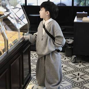 2026新款男童洋气假两件衬衫领加绒运动套装秋冬中小童卫衣卫