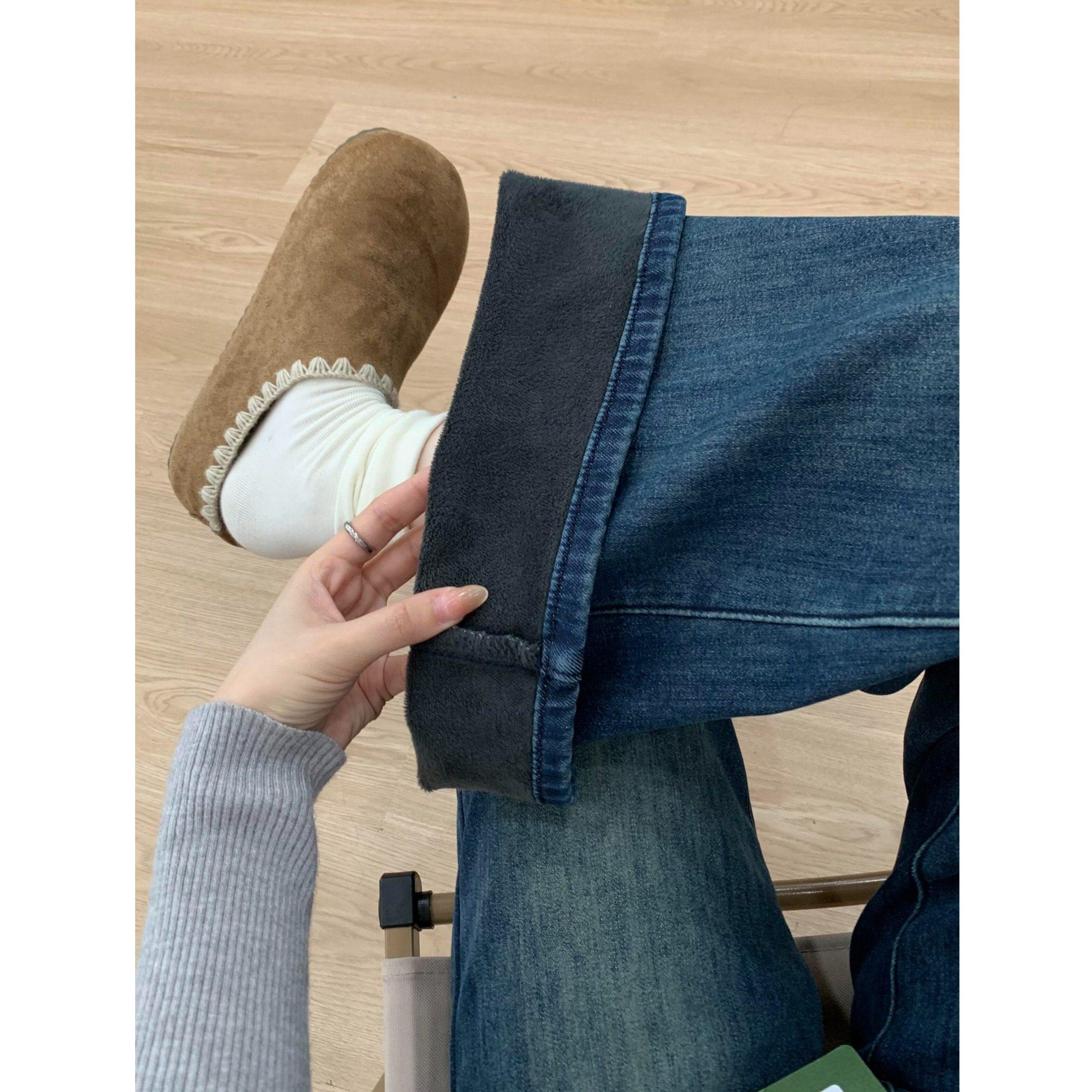 美式复古蓝不贴腿微喇牛仔裤女加绒秋季新款高腰显瘦阔腿喇叭裤子