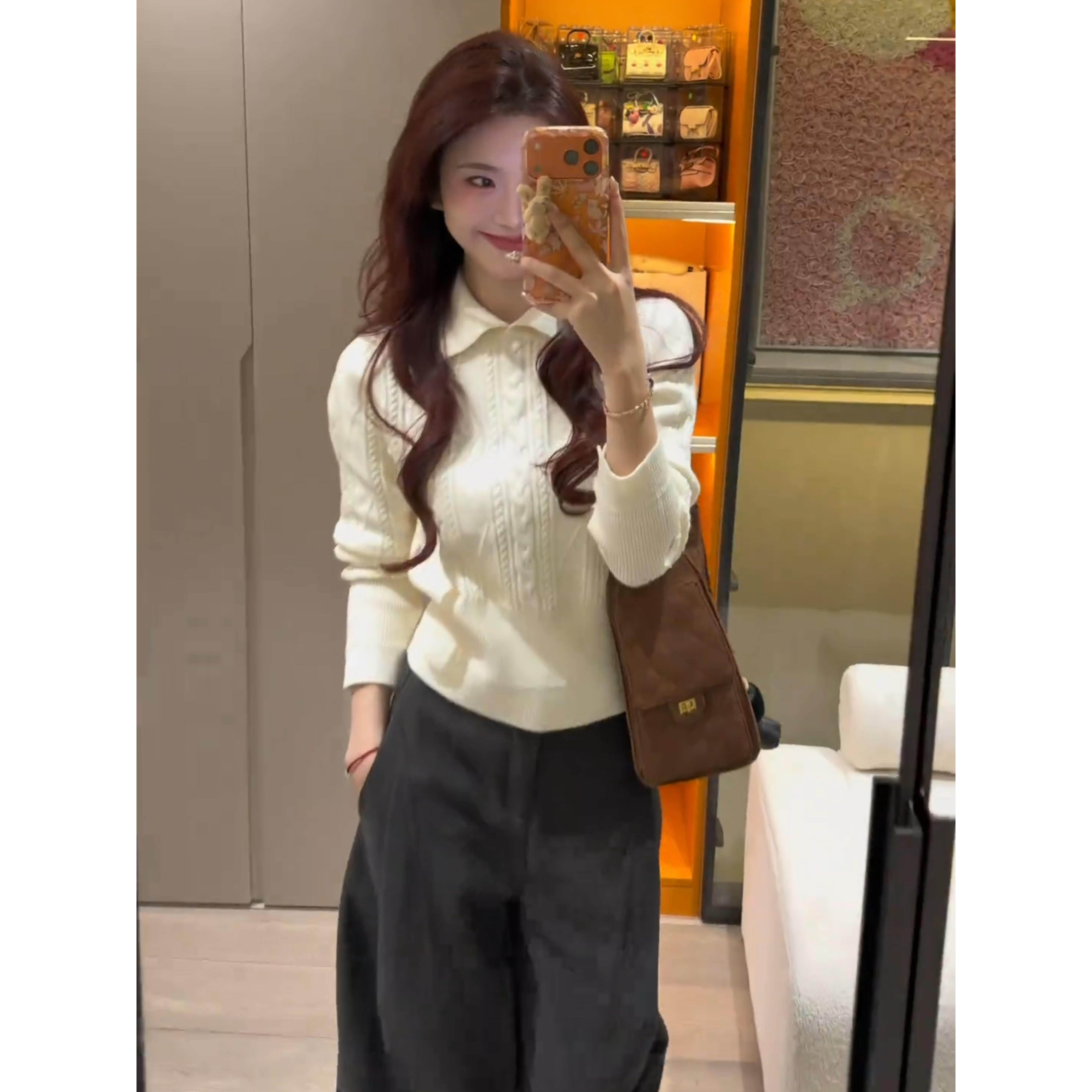 miu系轻职感长袖针织衫女秋冬韩版polo翻领麻花打底上衣收腰毛衣