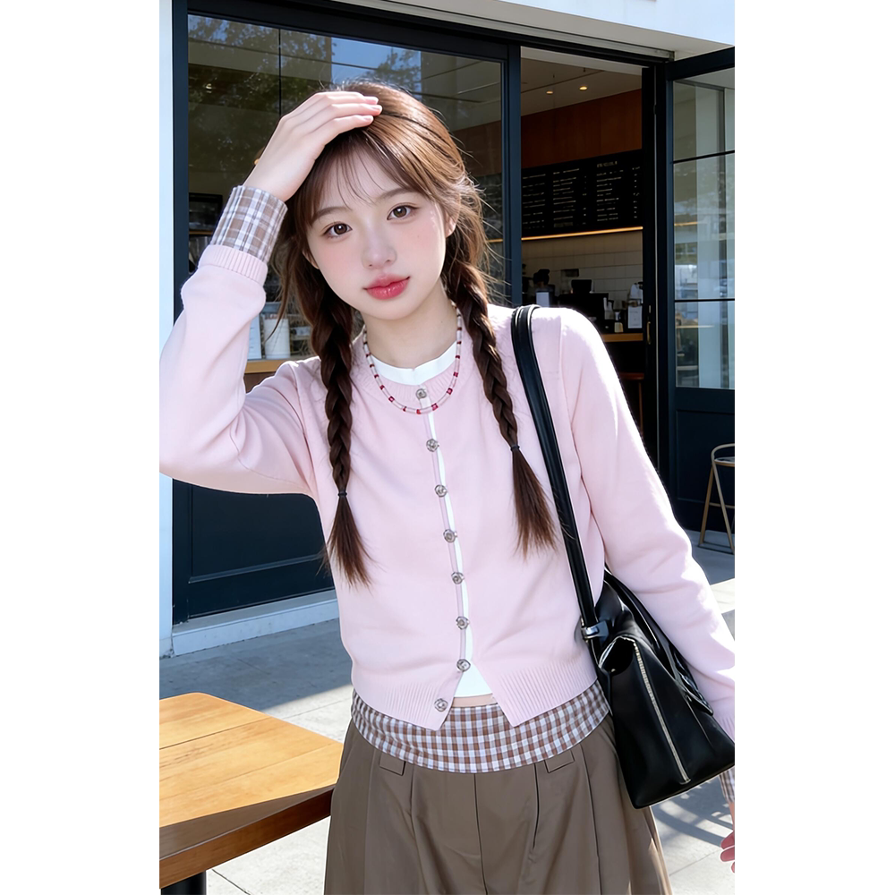 parkyeon春季新款假两件格纹拼接针织开衫毛衣女阔腿休闲裤套装