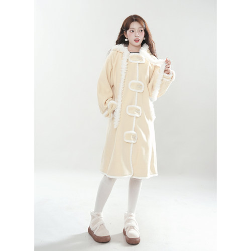 甜美可爱牛角扣拼接连帽毛呢外套女冬季新款高级感小个子呢子大衣