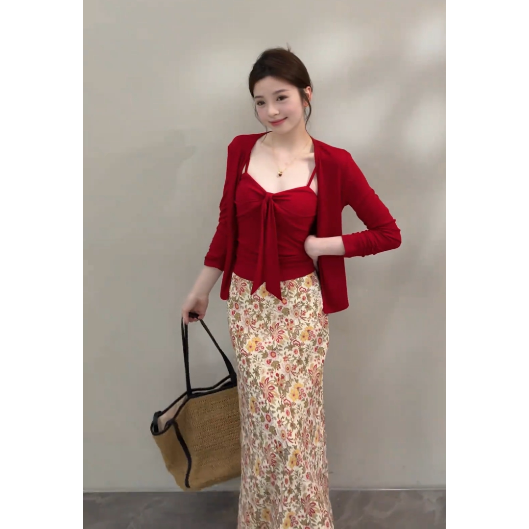 纯欲风红色吊带背心外搭针织开衫女高腰碎花半身裙套装