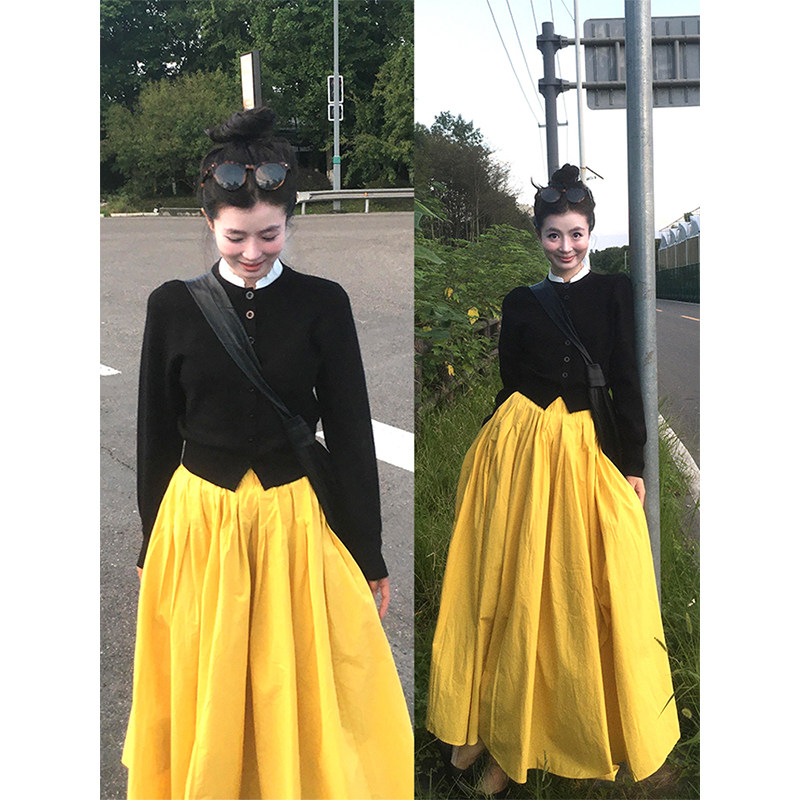 早秋季新款黑色长袖针织衫上衣搭配黄色半身裙时尚套装