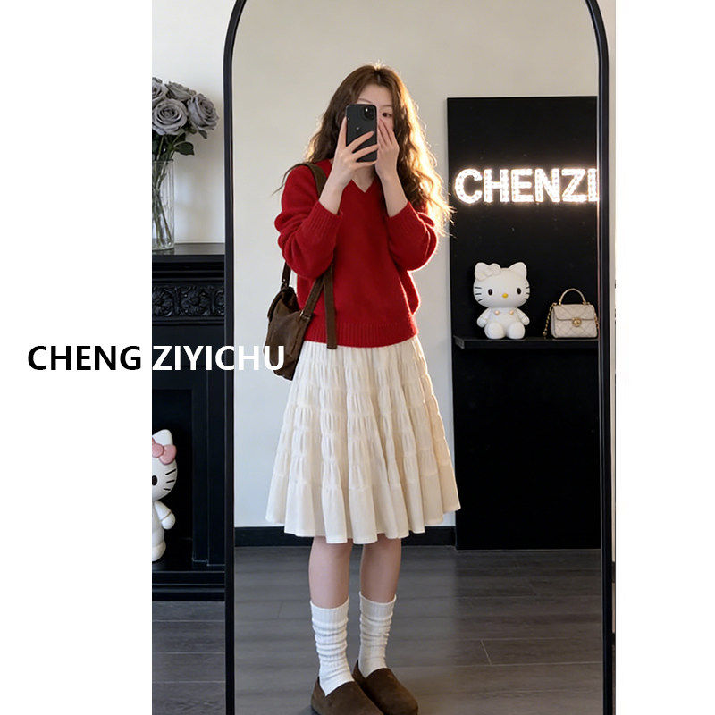 2026新款新年红色巨好看圣诞氛围感软糯针织衫毛衣高腰半身裙套装