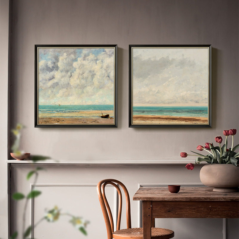 上品印画 库尔贝风平浪静 欧式油画沙发背景墙客厅装饰画挂画框