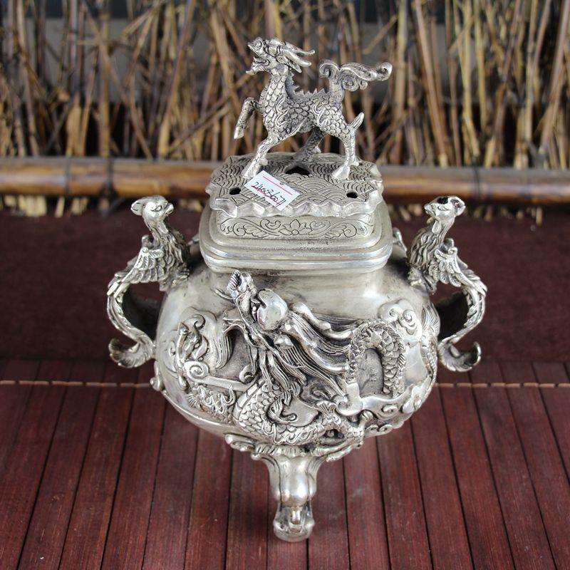 古玩杂项仿古铜器白铜书房居家摆件精品工艺品双龙凤把炉