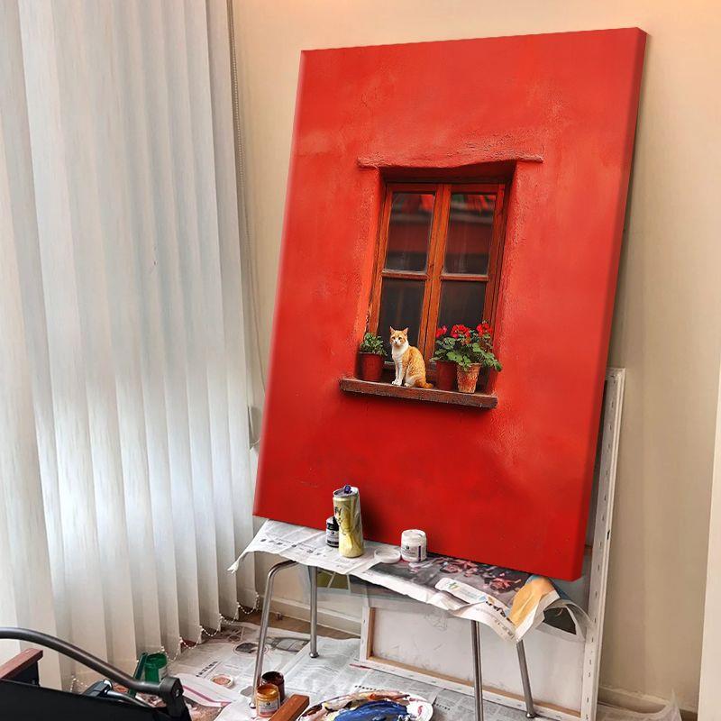 窗台的猫客厅装饰画简约沙发墙手绘油画小众卧室红色挂画玄关现代
