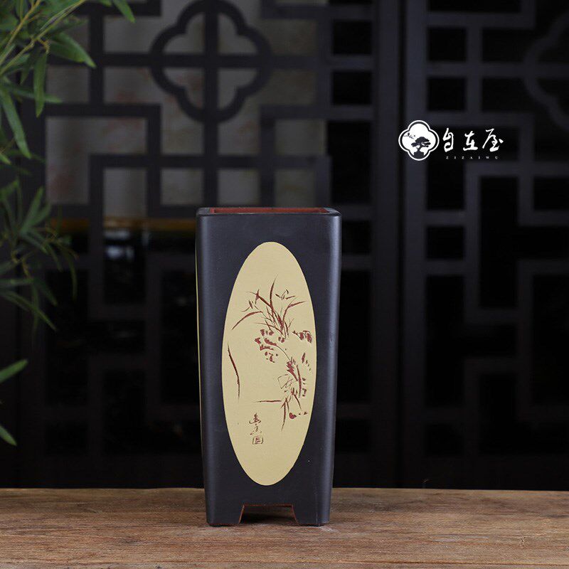 自在屋精选紫砂花盆双色圆角签筒盆手工盆景盆兰花盆绿植花卉文房