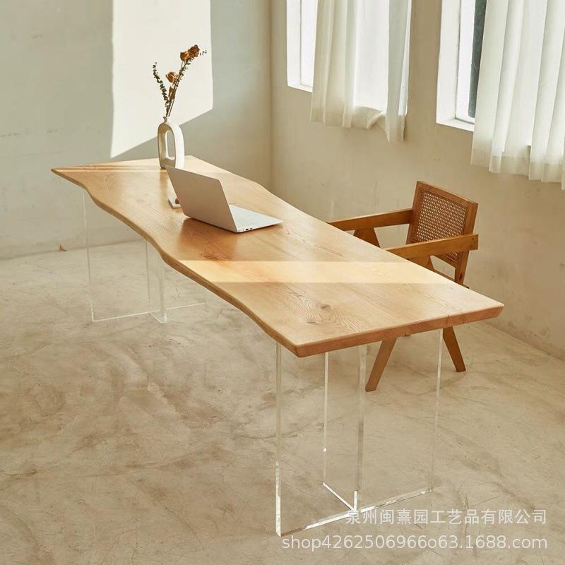 简约白蜡木双拼办公桌工作室家用亚克力实木工作台大板桌悬浮桌子