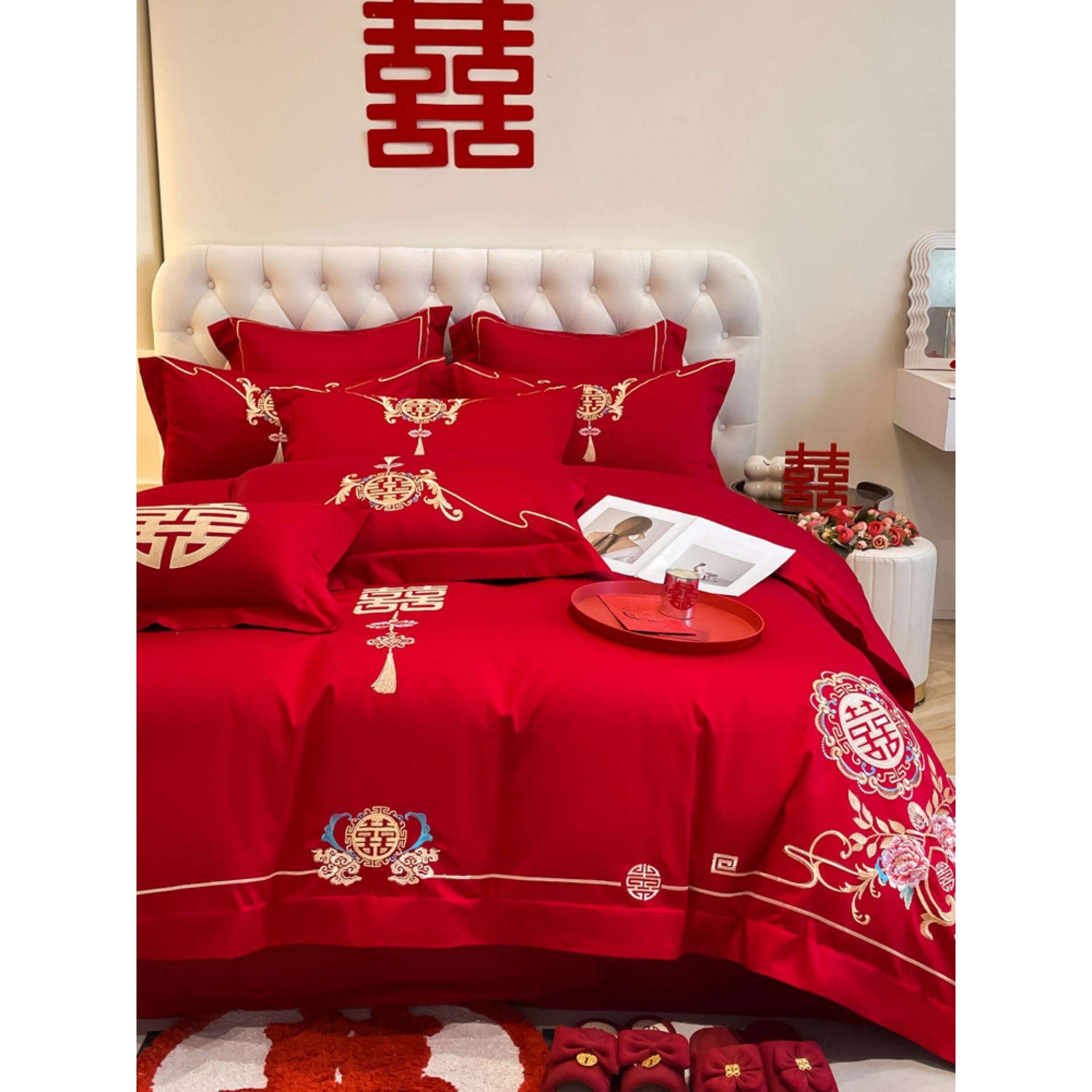 新中式结婚四件套纯棉被套红色新婚陪嫁喜被全棉床单婚庆床上用品