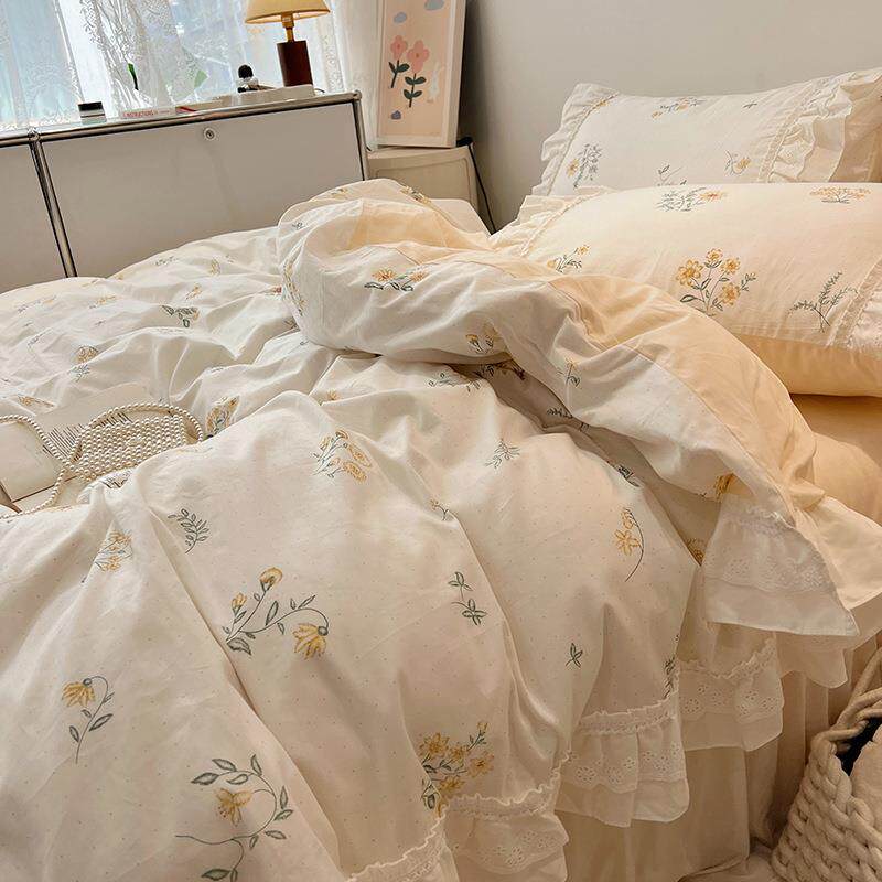 仙女荷叶边全棉四件套碎花唯美纯棉被套清新公主风花边床上用品