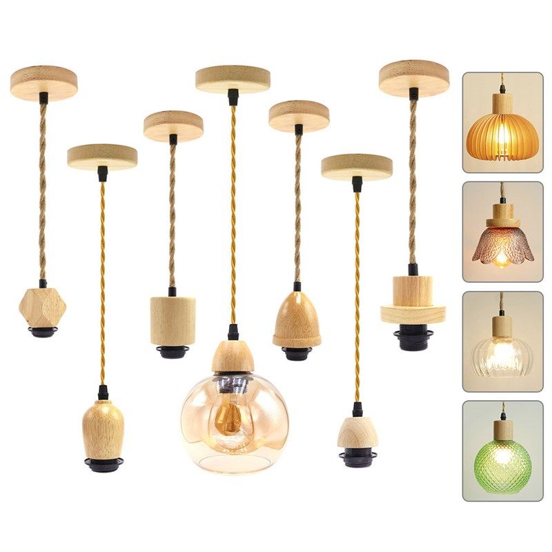 田园风吊线麻绳麻花吊灯线 实木灯座灯座E27加灯罩吧台饭厅设计灯