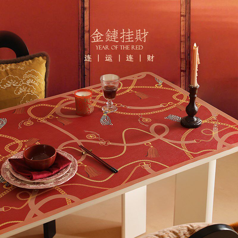 新年桌垫免洗防油防水春节装饰红色氛围感桌布PVC餐桌垫桌面垫子