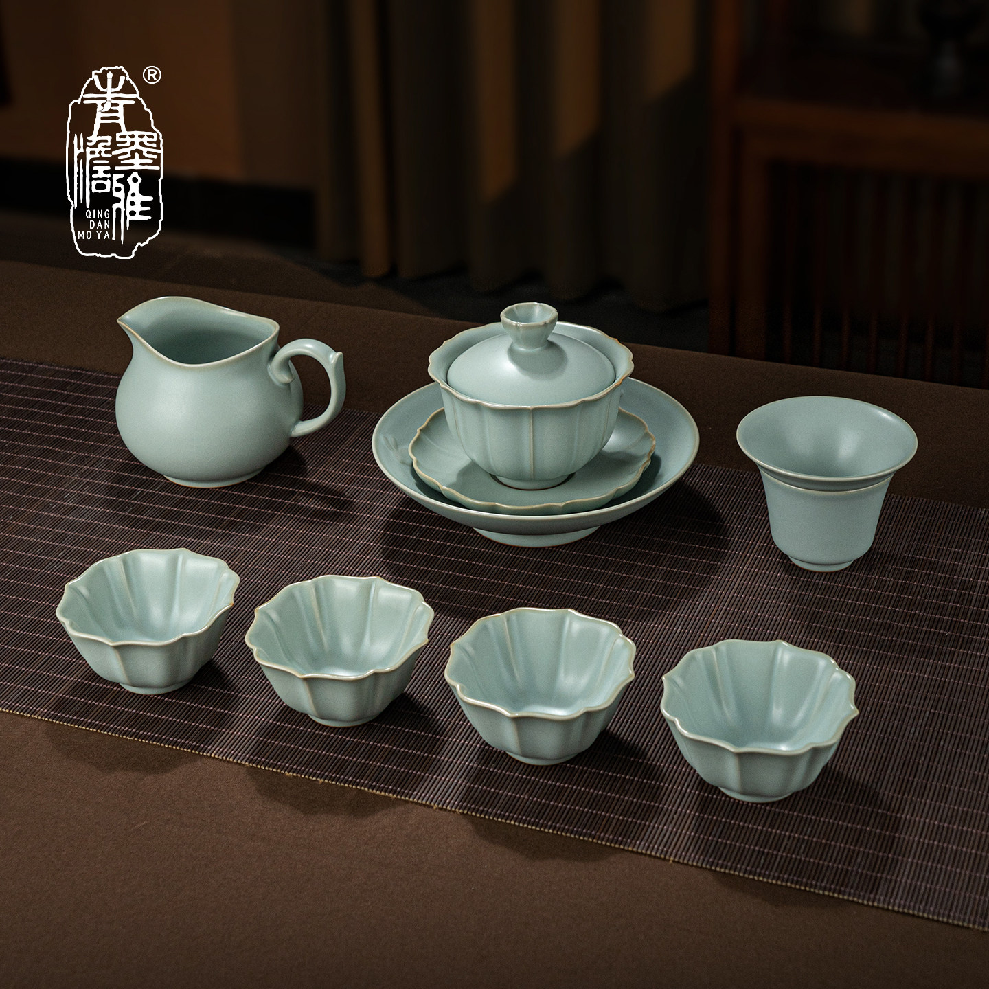 汝窑盖碗茶杯套装景德镇功夫茶具汝瓷整套茶具天青三才盖碗礼盒装