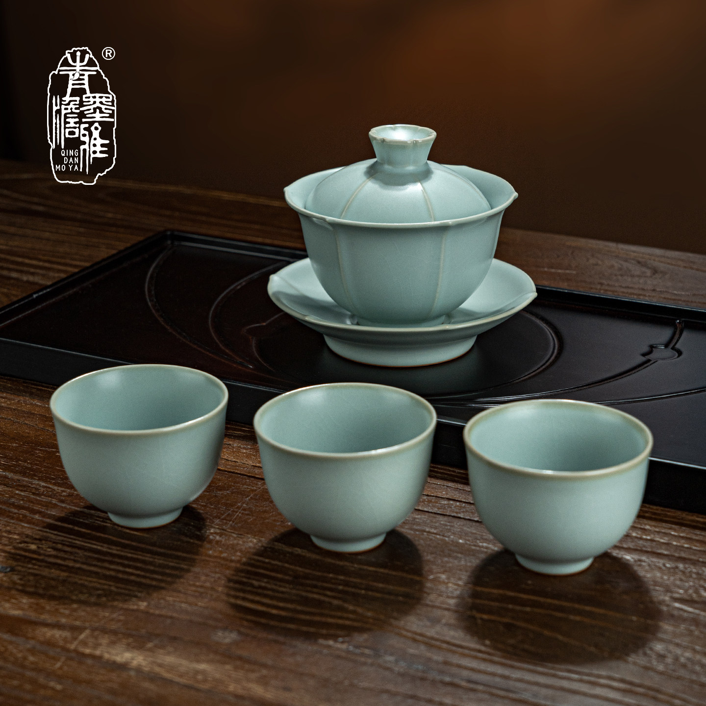 汝窑三才盖碗茶杯套装景德镇瓷器功夫茶具汝瓷开片复古青瓷礼盒装