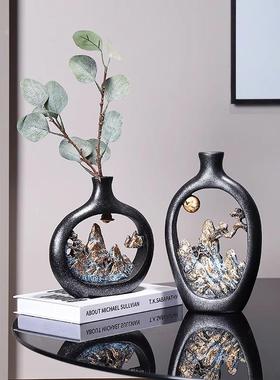 新中式花瓶摆件山水复古装饰品桌面餐桌花瓶乔迁送礼家居玄关摆件