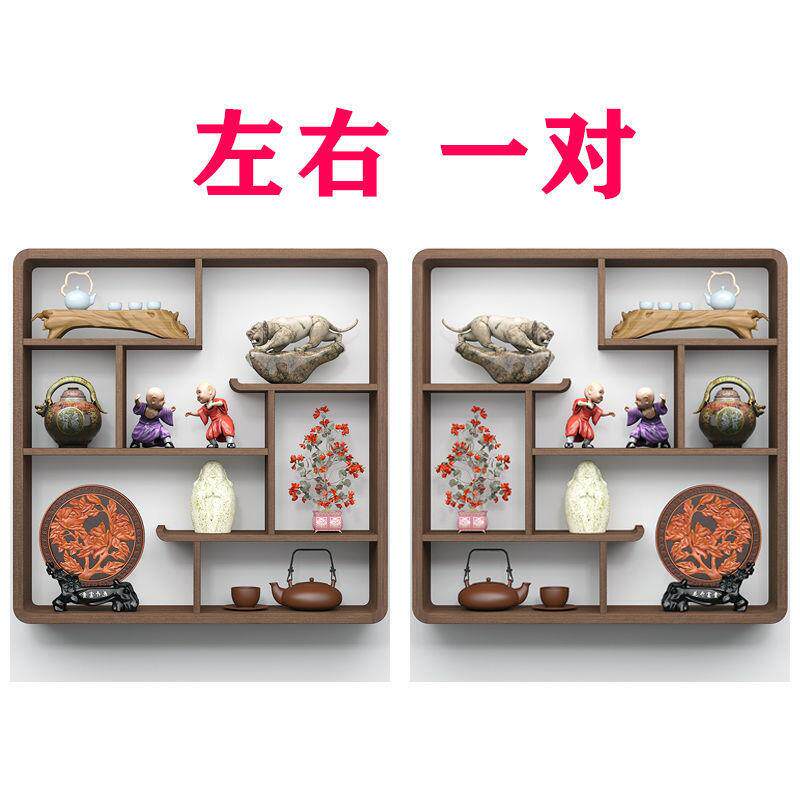 实木中式博古架上墙客厅摆件简约现代挂墙式茶具架置物架隔断摆件