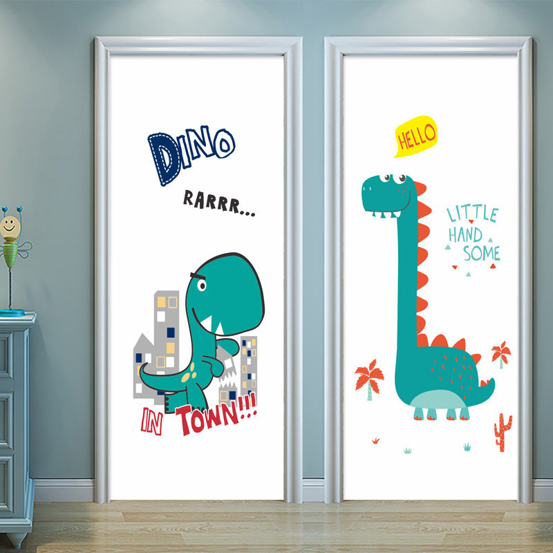 创意卡通恐龙男孩儿童房包门贴纸整张自粘防水可擦洗PVC门贴画纸