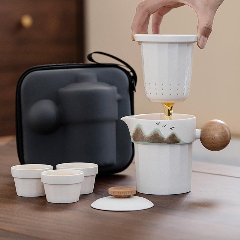 便携式旅行茶具小套装简易手绘户外泡茶壶茶杯现代简约露营快客杯