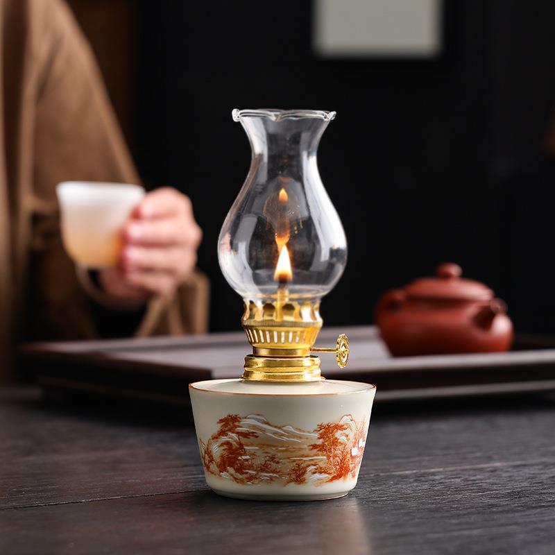 陶瓷酥油灯氛围灯摆件复古长明灯家用青花露营供佛烛台茶室摆件