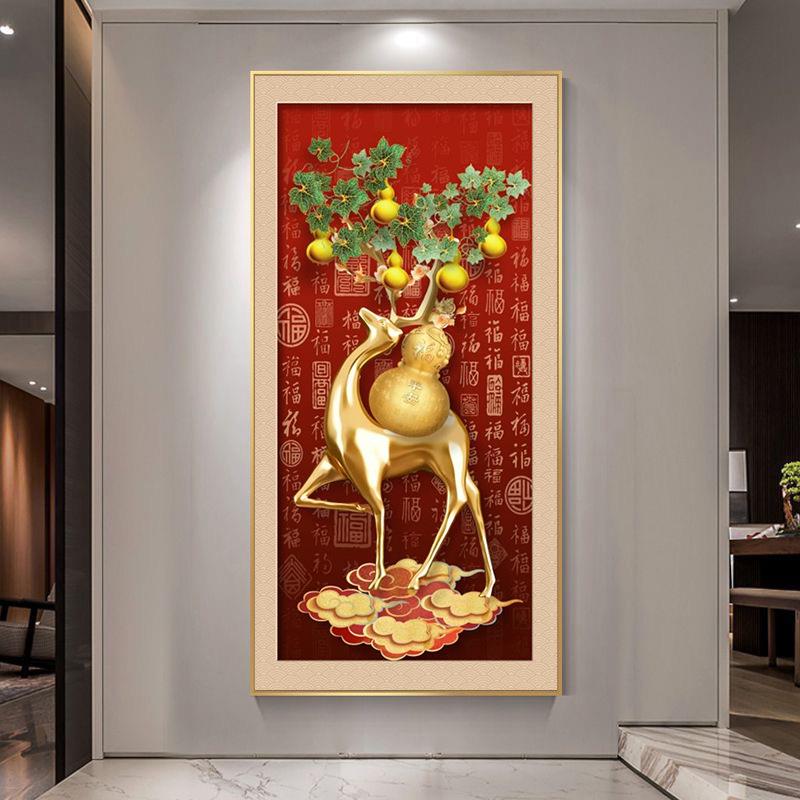 新中式玄关装饰画五福临门走廊过道挂画葫芦百福图入户led壁画灯