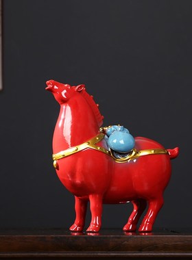 创意陶瓷唐马摆件红色马招财中式客厅桌面家居办公室装饰工艺礼品