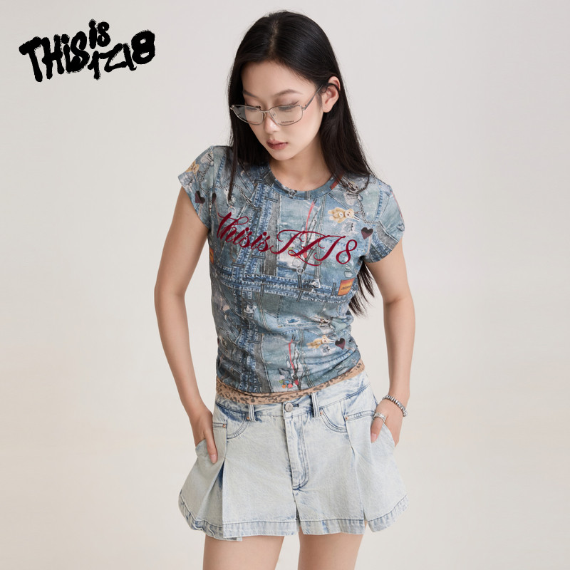 复古做旧印花港风短袖T恤女蓝色