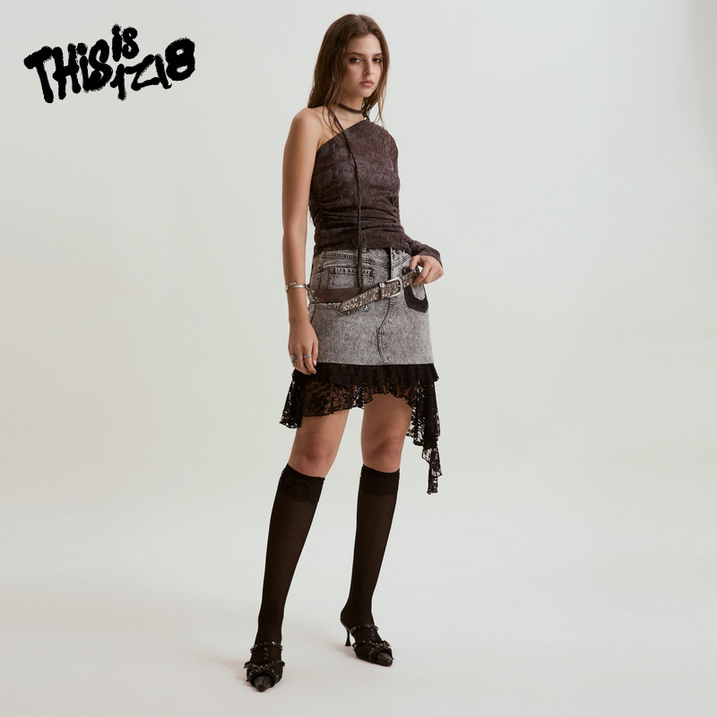 thisisIZI8辣妹风蕾丝拼接牛仔半身裙女高腰显瘦不规则短裙设计感