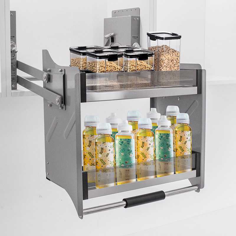 厨房吊柜橱柜升降拉篮厨房壁柜顶柜下拉式置物调味拉篮玻璃升降机