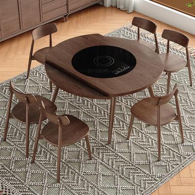 8V北马实木餐桌椅组合多功能暖菜电磁炉转盘白腊木伸缩折叠可变圆