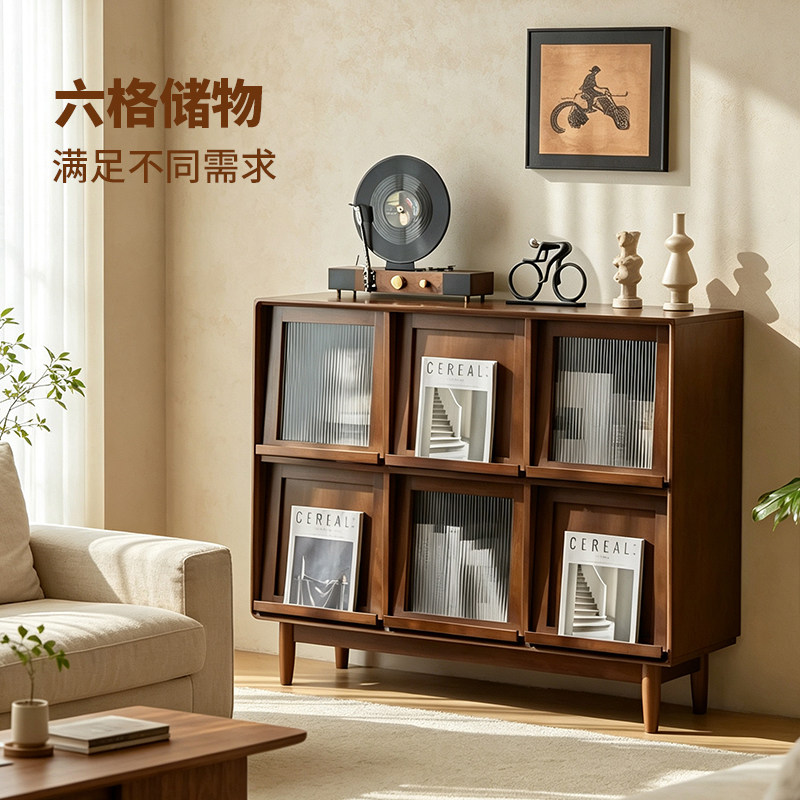 中古风实木六格玻璃门收纳柜